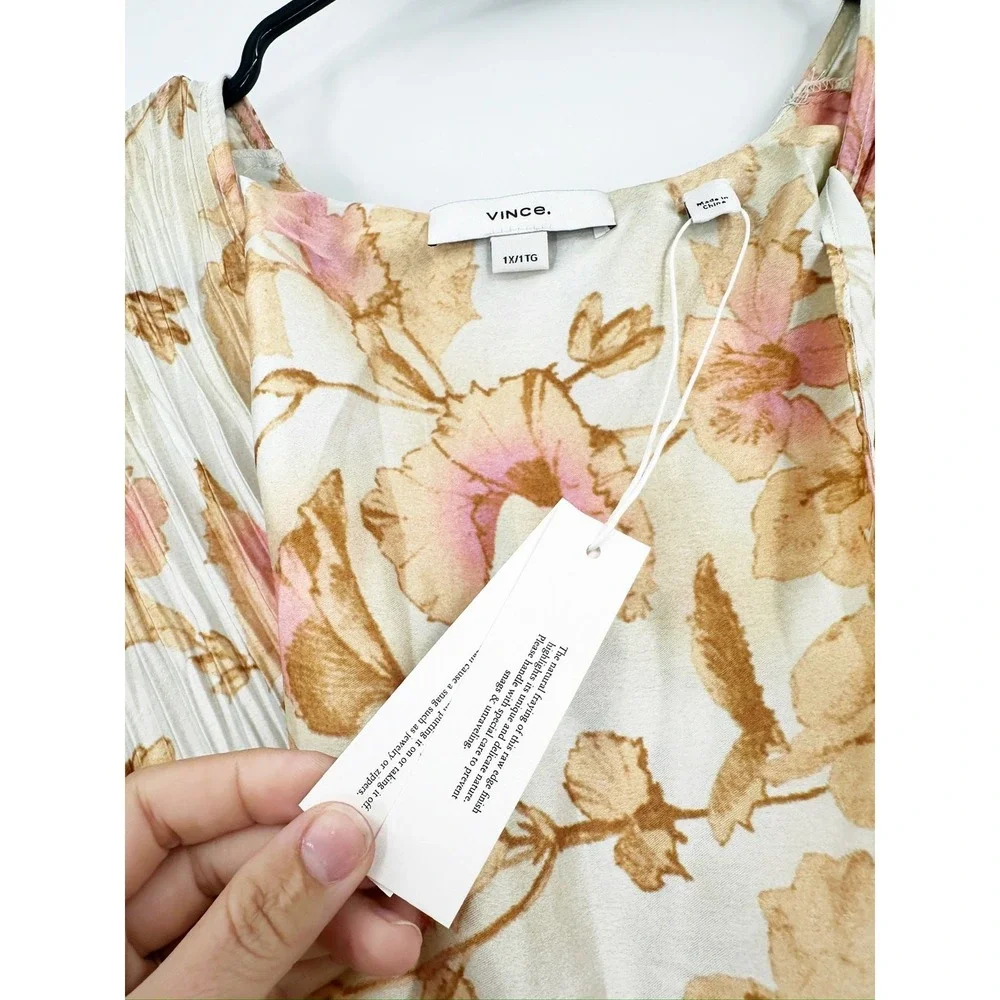 Vince Floral Print Plisse V-Neck Cap Sleeve‎ Midi Dress Plus Size 1X NWT